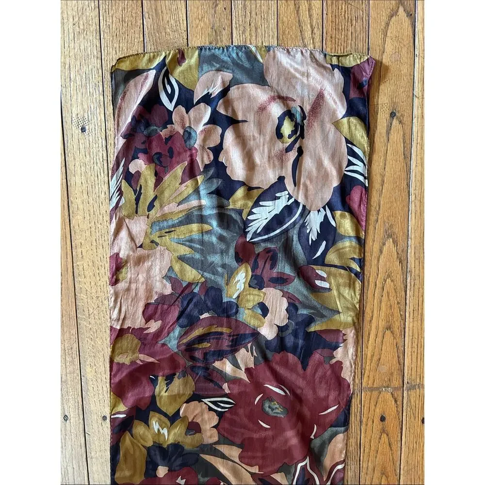 Vintage Axcess Burgundy Floral 100% Silk Scarf w/ Mustard & Olive Green Details
